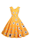 Sleeveless Printed Yellow 1950s Dress