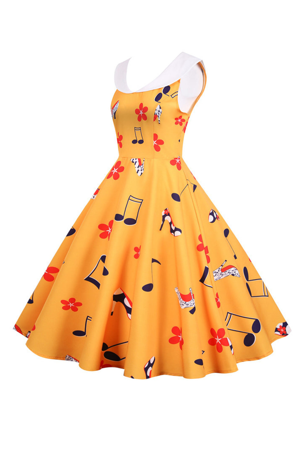 Printed Sleeveless Yellow Vintage Dress