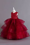 A Line Tulle Burgundy Sleeveless Girls Dresses With Bow