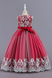 Pink Sleeveless Round Neck Applique Girls Dresses With Bowknot