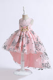 Pink High Low Appliques Sleeveless Girls Dresses With Bow