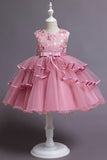 Pink A Line Appliques Sleeveless Round Neck Girls Dresses
