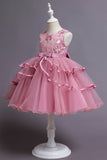 Pink A Line Appliques Sleeveless Round Neck Girls Dresses