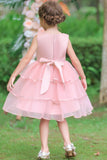 Pink A Line Appliques Sleeveless Round Neck Girls Dresses