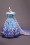 A Line Blue Puff Sleeves Sequins Girls Dresses