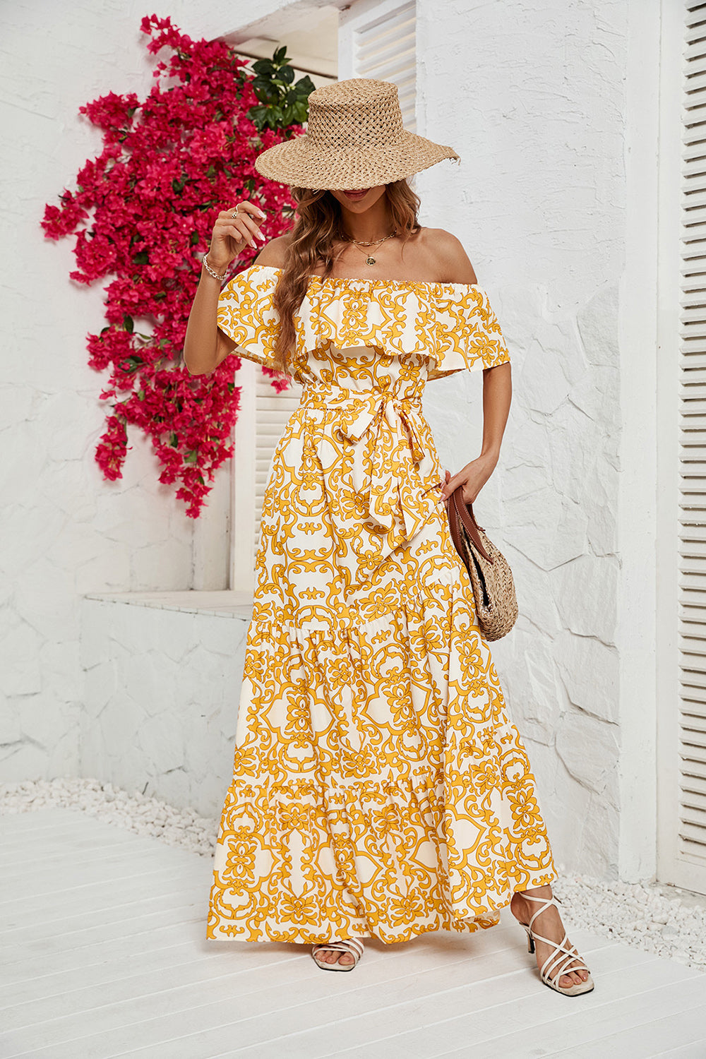 Yellow Printed Off the Shoulder Long Summer Dress