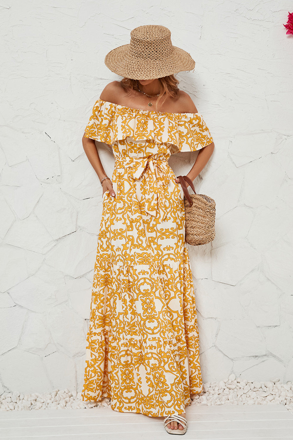 Yellow Printed Off the Shoulder Long Summer Dress