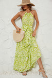 Green Printed Halter Long Summer Dress With Belt