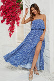 Blue Printed Strapless Long Summer Dress With Slit