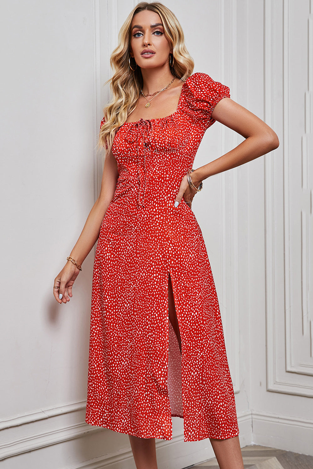 Red Printed Off the Shoulder Summer Dress With Slit