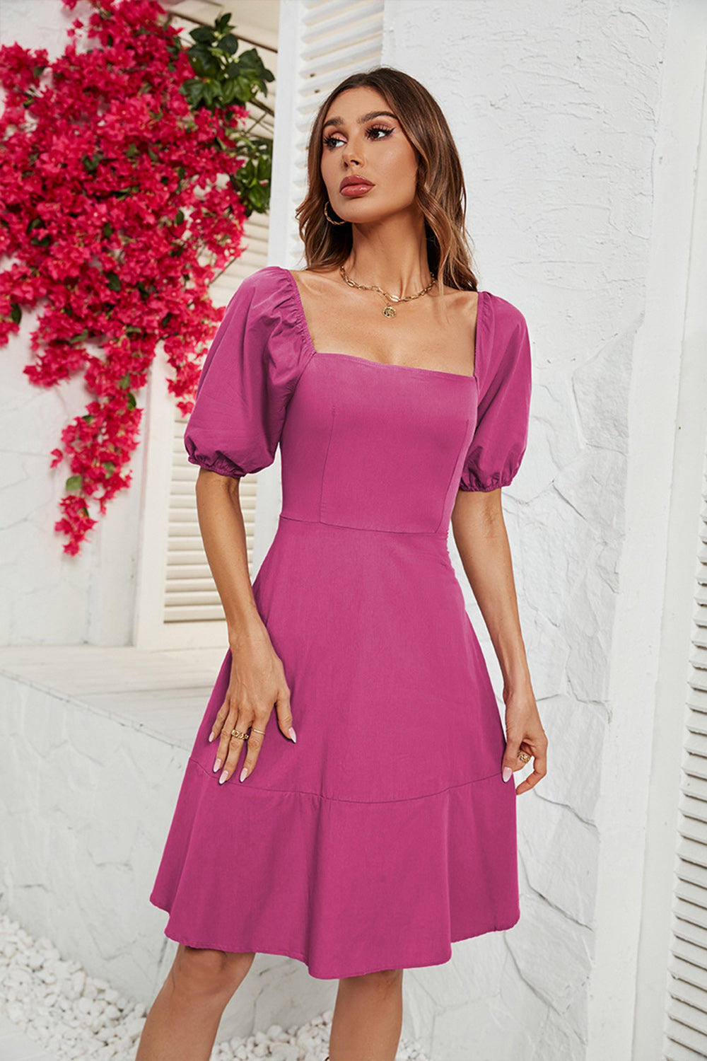 Fuchsia Off the Shoulder A-line Summer Dress