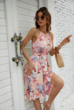 Yellow Halter Floral Printed Summer Dress With Ruffles