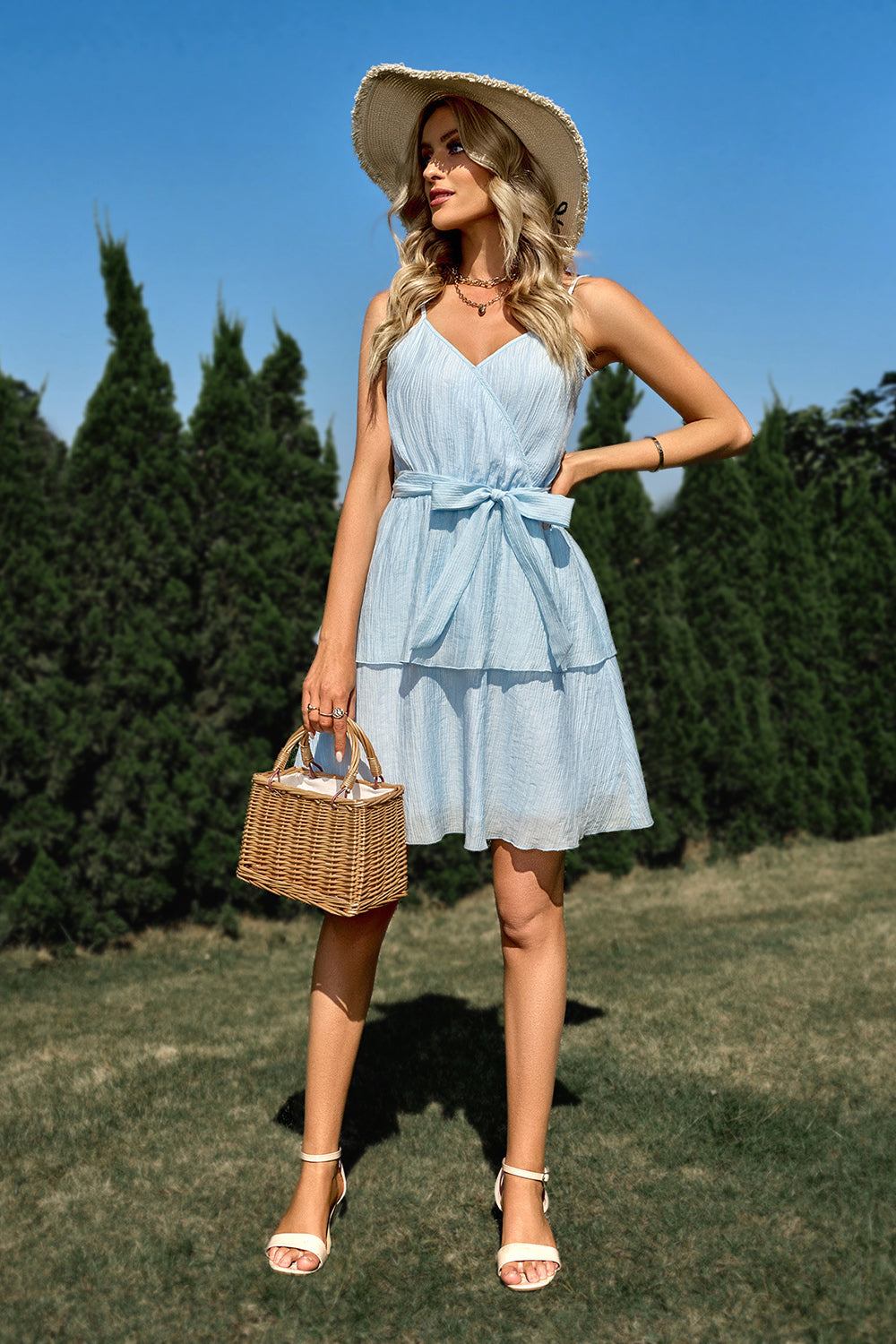 Blue Spaghetti Straps A-Line Summer Dress With Belt