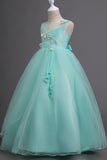 Tulle A-Line Round Neck Green Girls Dresses with Appliques