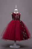 Tulle A-Line Boat Neck Burgundy Girls Dresses with Appliques