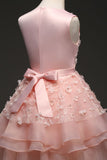 Boat Neck Sleeveless Pink Girls Dresses with Bow