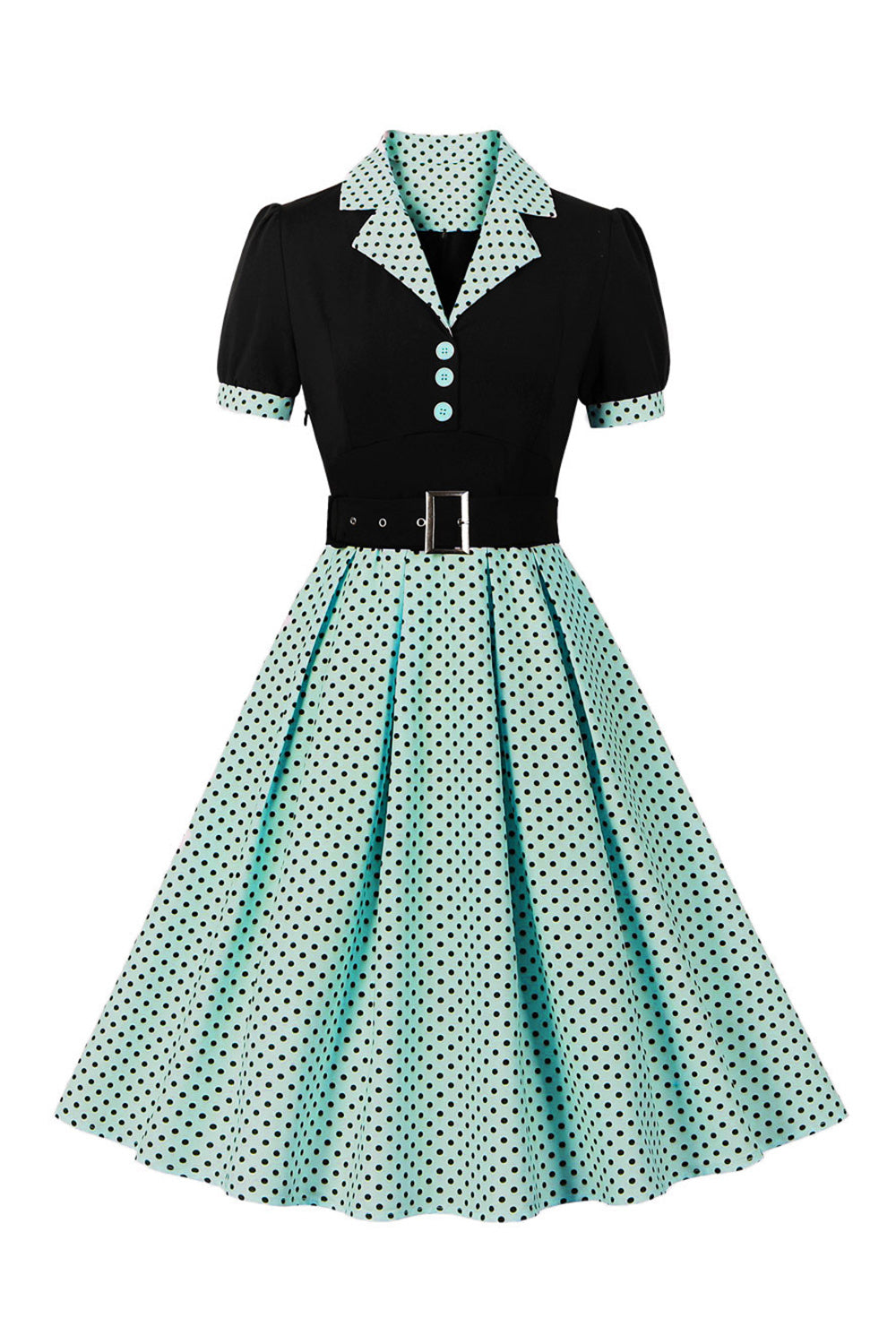 Green Short Sleeves Polka Dots 1950s Dress With Belt