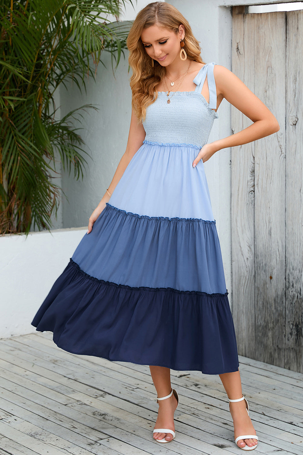 Blue A Line Midi Summer Dress with Pleated