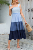 Blue A Line Midi Summer Dress with Pleated
