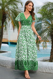 Green Printed V-neck Summer Dress with Slit