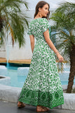 Green Printed V-neck Summer Dress with Slit