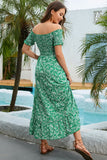 Off the Shoulder Green Printed Summer Dress with Pleated