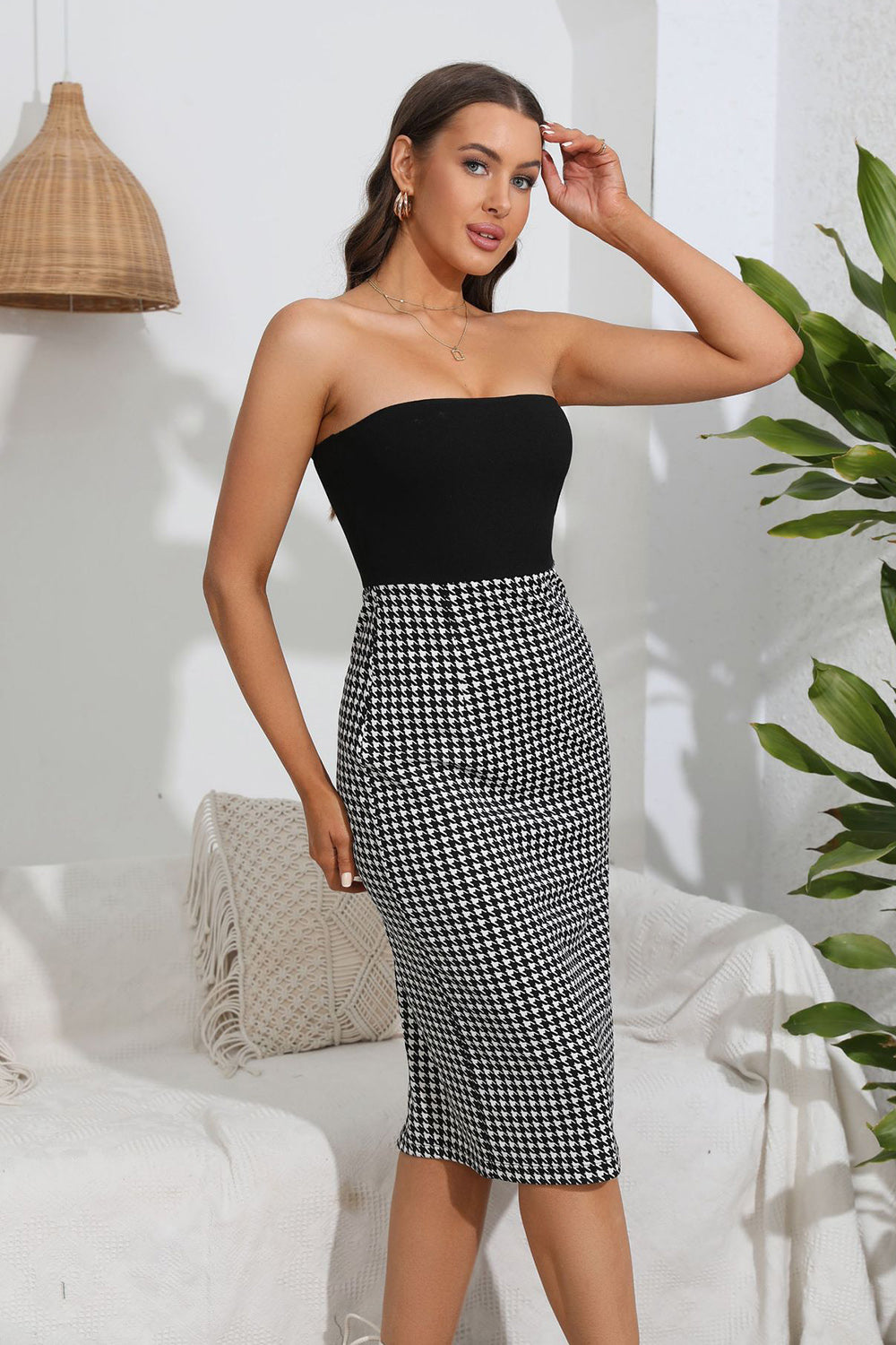 Strapless Plaid Bodycon Cocktail Dress with Slit