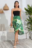 Printed Strapless Green Summer Dress with Slit