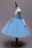 A Line Blue Bowknot Girls Dresses With Appliques