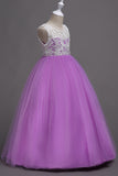 Purple A Line Tulle Girls Dresses With Lace