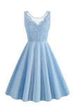 Lake Blue Sleeveless V Neck 1950s Dress