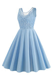 Lake Blue Sleeveless V Neck 1950s Dress