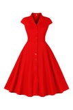 Red V Neck 1950s Dress With Short Sleeves