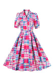 Pink Button Half Sleeves Plaid 1950s Dress