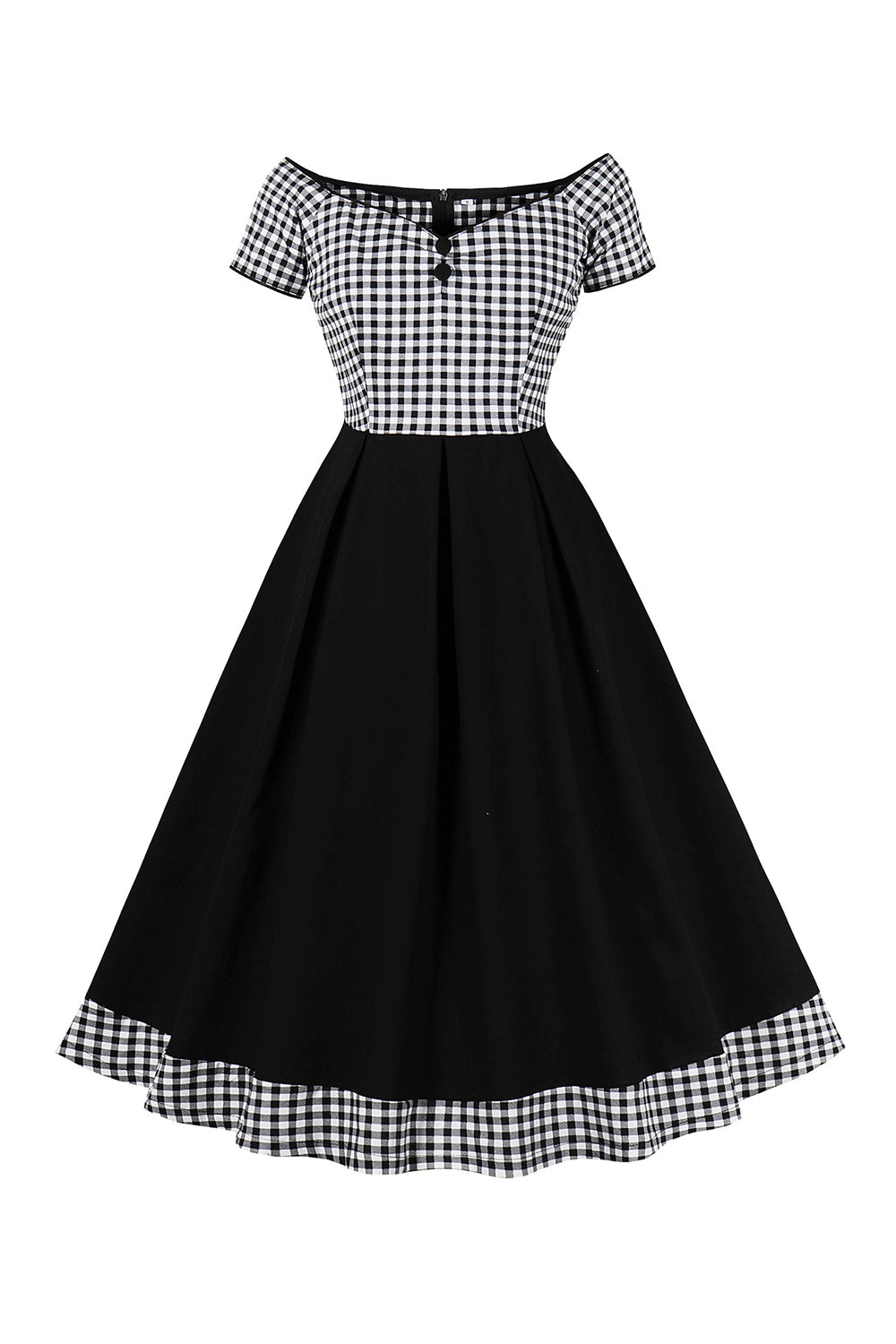 Black Plaid Off the Shoulder Vintage Dress With Short Sleeves