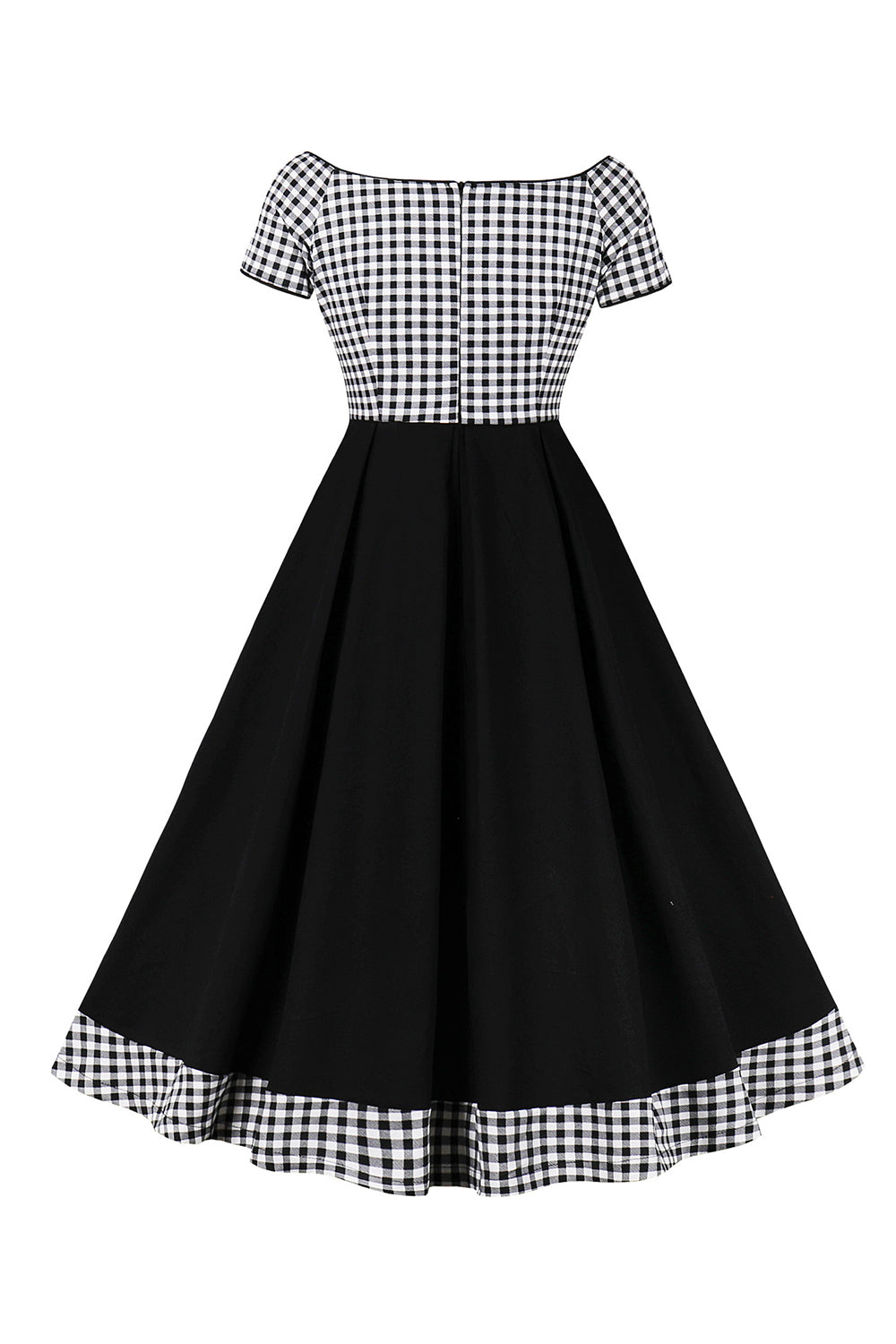 Black Plaid Off the Shoulder Vintage Dress With Short Sleeves