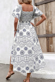 White Square Neck Printed Summer Dress With Short Sleeves