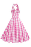 Pink Halter Plaid Sleeveless 1950s Dress With Belt