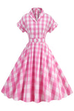Pink Plaid Bowknot 1950s Dress With Short Sleeves