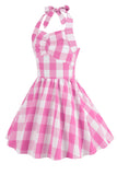Halter Plaid Sleeveless Pink Vintage Girl Dresses