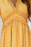 Yellow Long Sleeves Floral Boho Maxi Dress