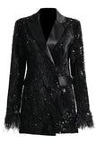 Sparkly Black Peak Lapel Sequins Women Blazer with Feathers