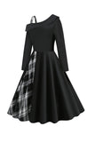 Retro Style One Shoulder Black Plaid 1950s Dress
