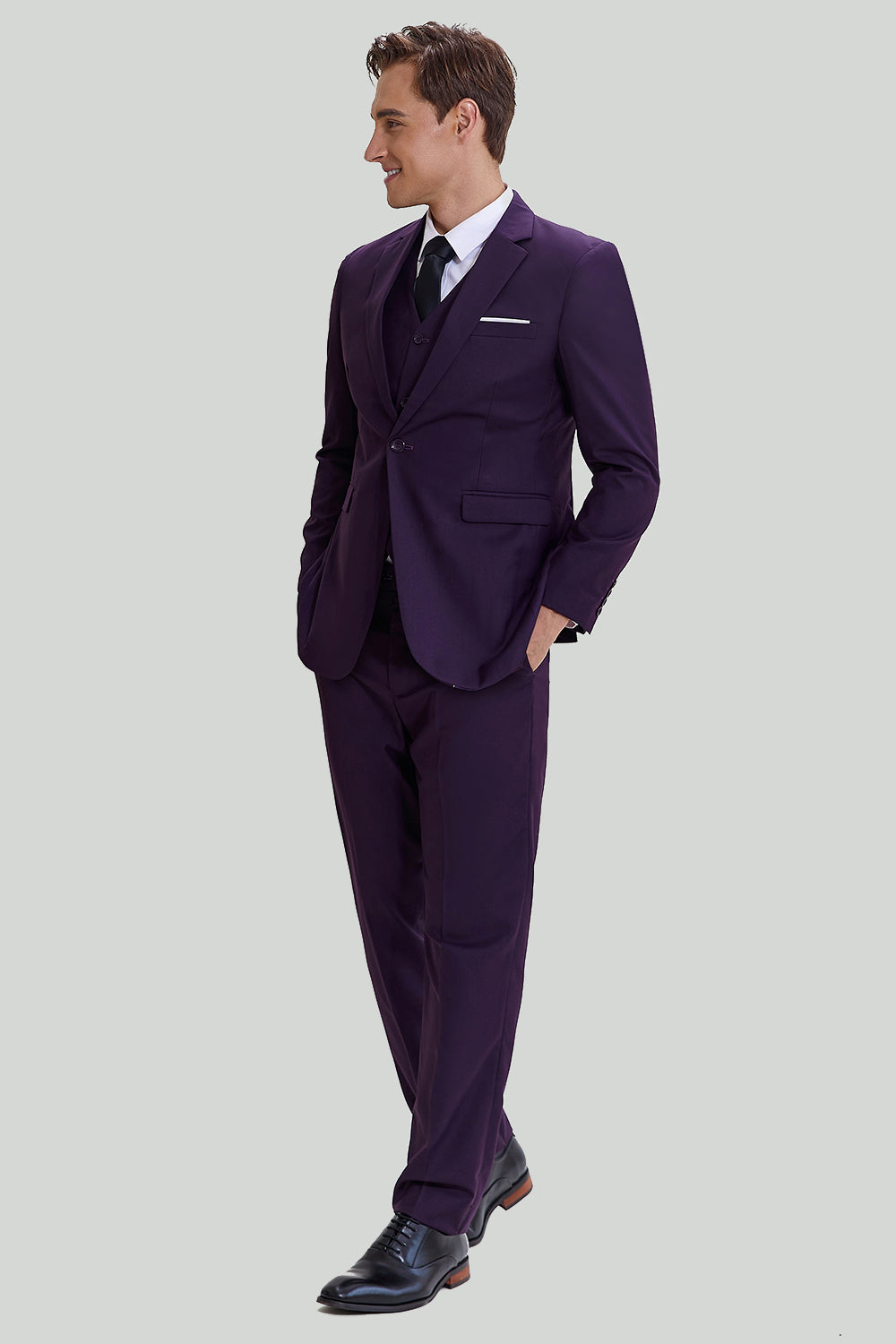 Black Plaid 3 Piece Purple Men Wedding Suit