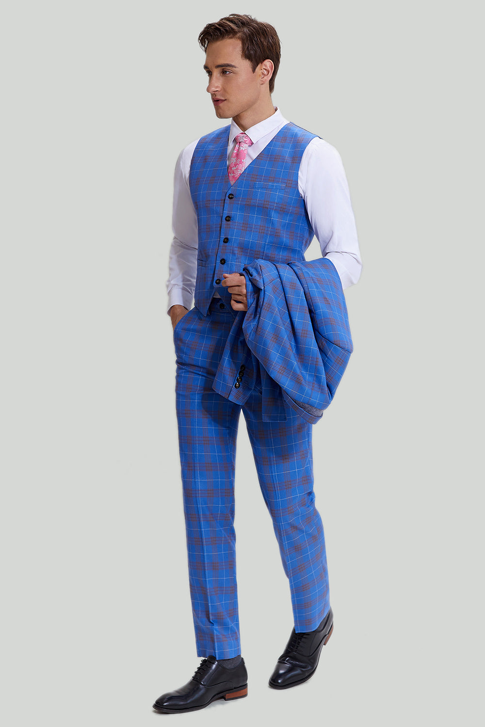 Blue Plaid Men's 3 Piece Tuxedo Suits