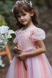 A-Line Tulle Pink Flower Girl Dress with Sequins