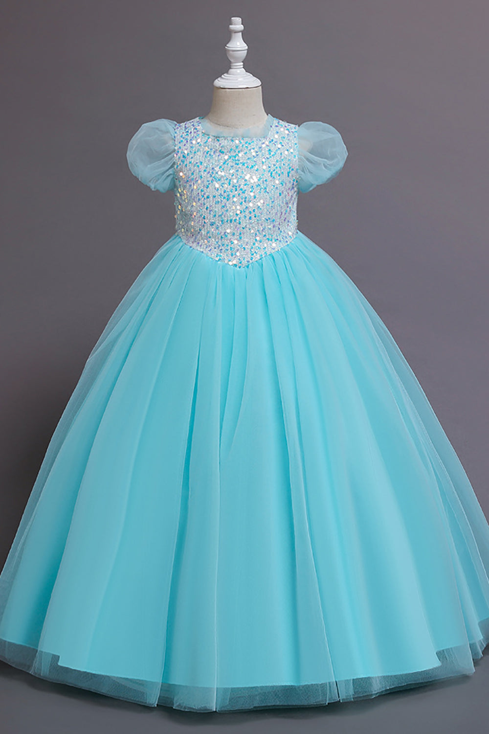 Tulle Puff Sleeves Light Blue Flower Girl Dress with Sequins