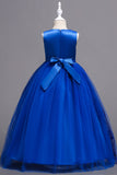 A-Line Blue Boat Neck Flower Girl Dress with Appliques