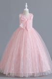A-Line Tulle Blush Flower Girl Dress with Bowknot