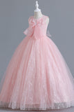A-Line Tulle Blush Flower Girl Dress with Bowknot
